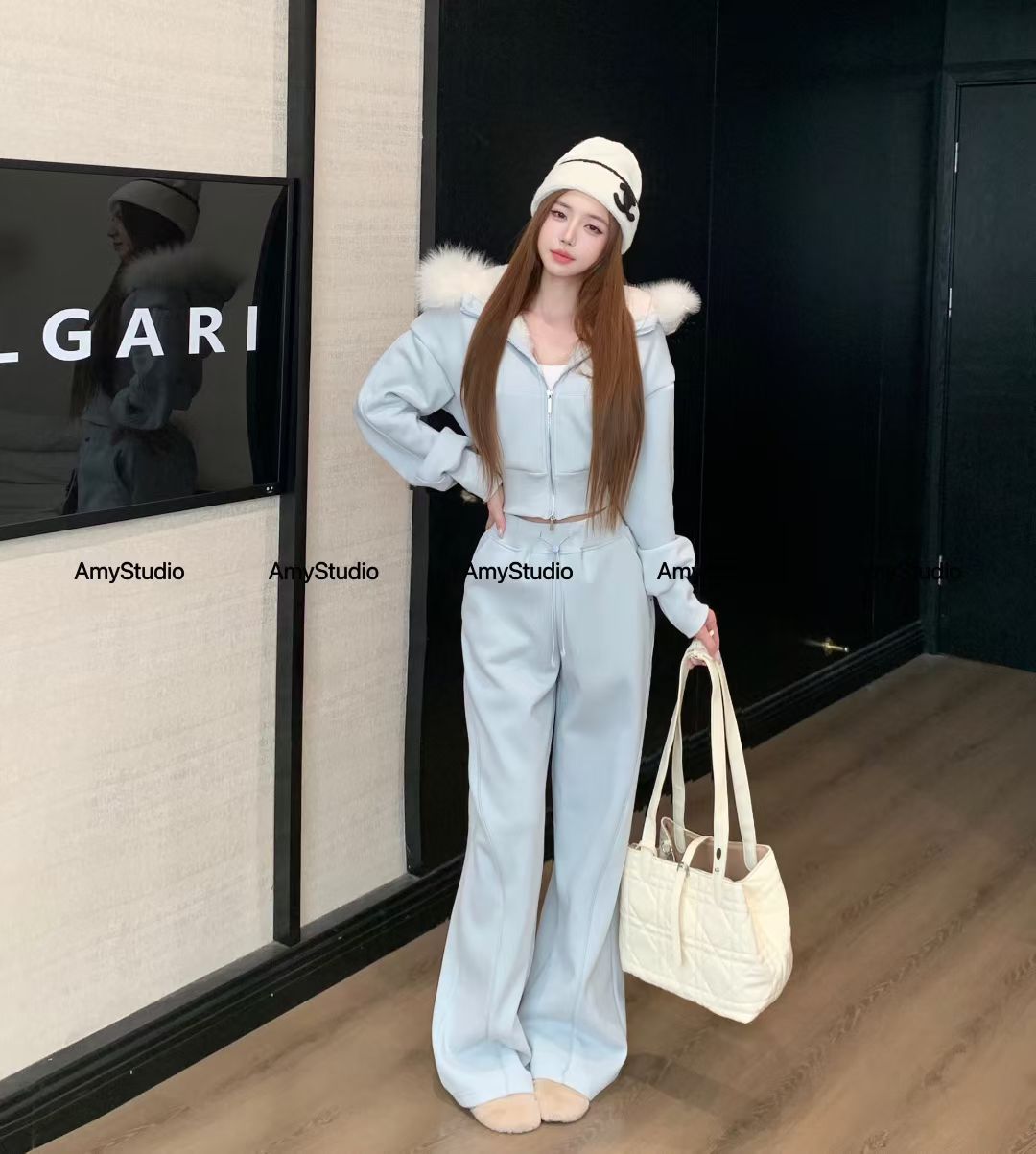 艾米AMY正品高级感字母真毛加绒长袖上衣+高腰宽松长裤两件套750