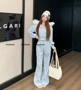 高腰宽松长裤 上衣 两件套750 高级感字母真毛加绒长袖 艾米AMY正品