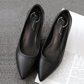 真皮工作鞋 上班职业高跟鞋 尖头单鞋 软底平底鞋 女鞋 大码 子黑色皮鞋
