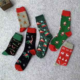 欧美圣诞礼物潮流长袜麋鹿圣诞老人袜子冬天加厚大码保暖纯棉男女