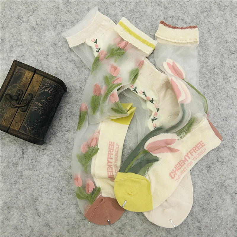 袜子女夏天超薄款冰丝卡丝袜郁金香花朵高帮长筒袜外穿玻璃丝潮袜