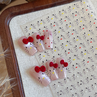 网红KT蝴蝶结美甲贴纸带背胶精致线条可爱表情猫咪浮雕指甲装饰贴