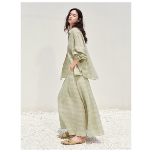 气质女春夏 A字大摆半裙绿色松弛套装 OWNSONG文艺1OO亚麻衬衫 长袖