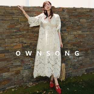 镂空中长裙 重工蕾丝连衣裙女白色度假高级感短袖 OWNSONG法式 温柔