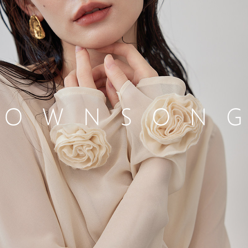 OWNSONG 通透优雅 立体手工花朵春夏薄款收腰真丝上衣套头衬衣衫