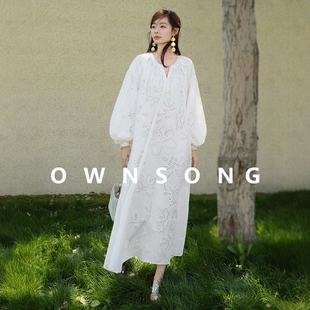 OWNSONG轻盈假日 慵懒风纯棉重工绣花连衣裙女夏宽松度假长裙 法式