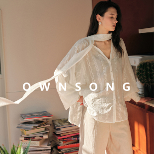 女飘带长袖 OWNSONG法式 棉重工绣花刺绣衬衫 真丝 白色衬衣 温柔