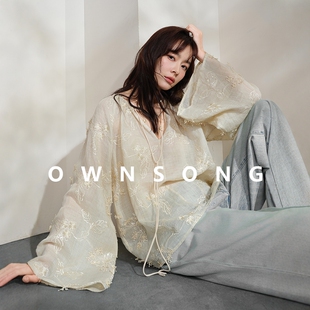 宽松防晒衬衣罩衫 OWNSONG重工立体刺绣花 米色v领亚麻苎麻衬衫