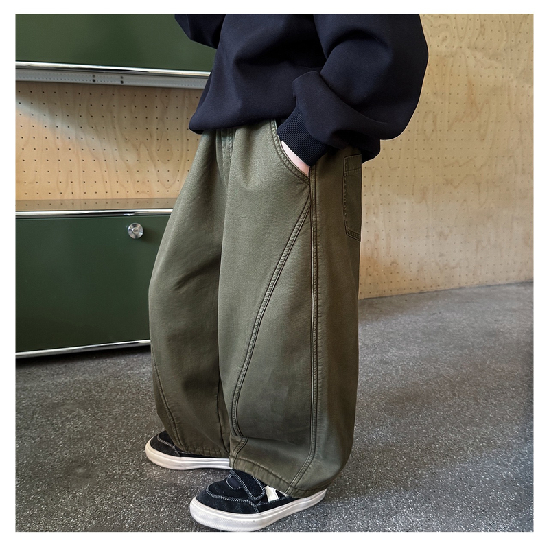 2025男童冬季新款山系纯色宝宝长裤拼接一体绒加厚儿童休闲裤