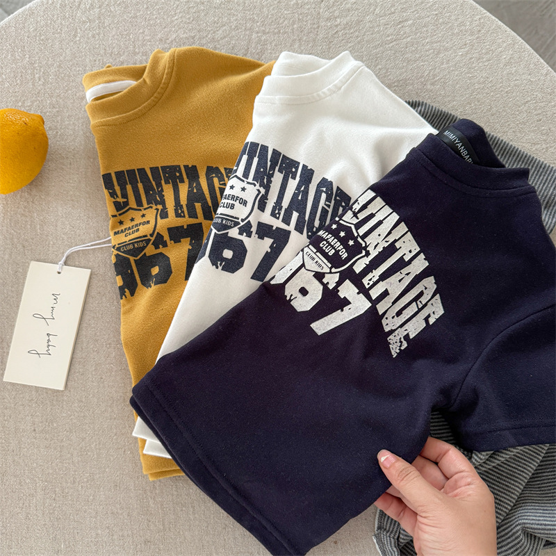 【糖糖妈】儿童长袖T2025秋冬新品男女童印花字母假两件宝宝拼接