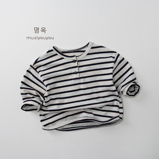 儿童条纹T恤2026春款新款男女童长袖打底衫宝宝日系韩版百搭上衣