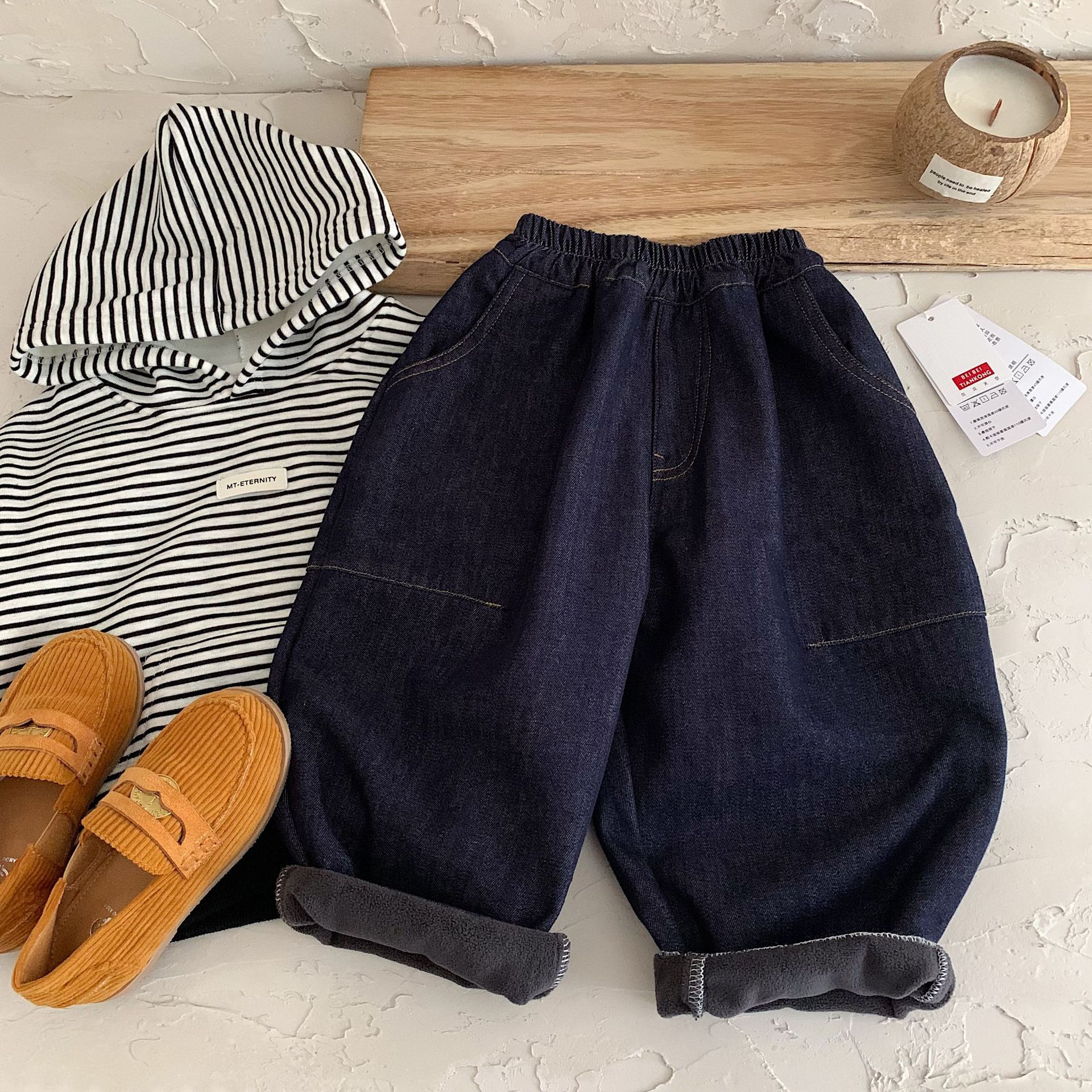 男童裤子2025冬季新款男女童纯色加绒牛仔裤男孩宽松长裤百搭