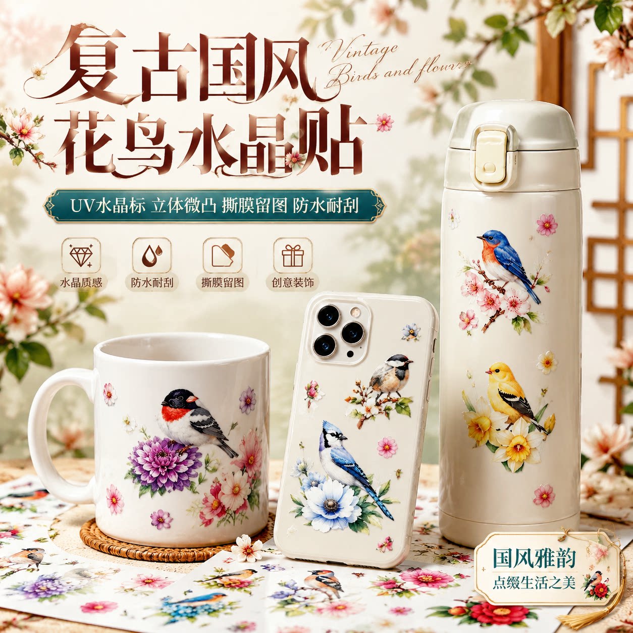 原创复古风水彩花鸟贴画手绘国风图案水杯防水贴纸UV水晶标装饰贴