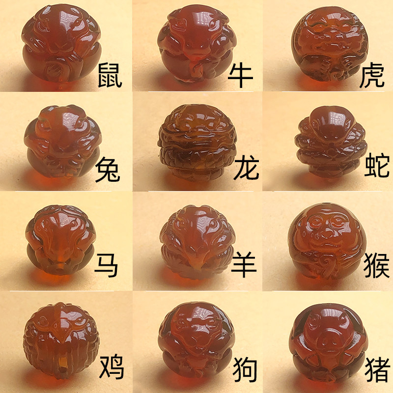 思华年天然琥珀蜜蜡缅甸棕红血珀金珀生肖珠雕刻散珠挂件手串配饰