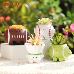 创意羽毛球造型微景观多肉植物盆栽可爱运动萌将花盆桌面装饰摆件