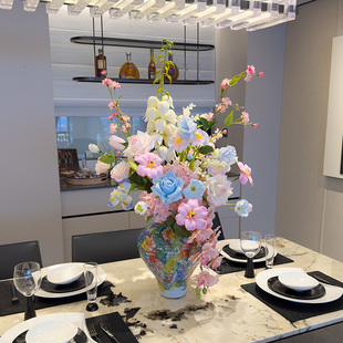 家居摆设粉色系绣球玫瑰郁金香花束陶瓷花瓶插花 高档手感保湿