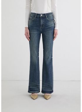 GUESS韩国代购25冬女士复古怀旧蓝色水洗气质显瘦微喇牛仔长裤