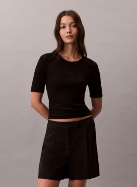 韩国代购26春夏CKJ女款修身弹力格纹罗纹短袖T恤百搭44F211G