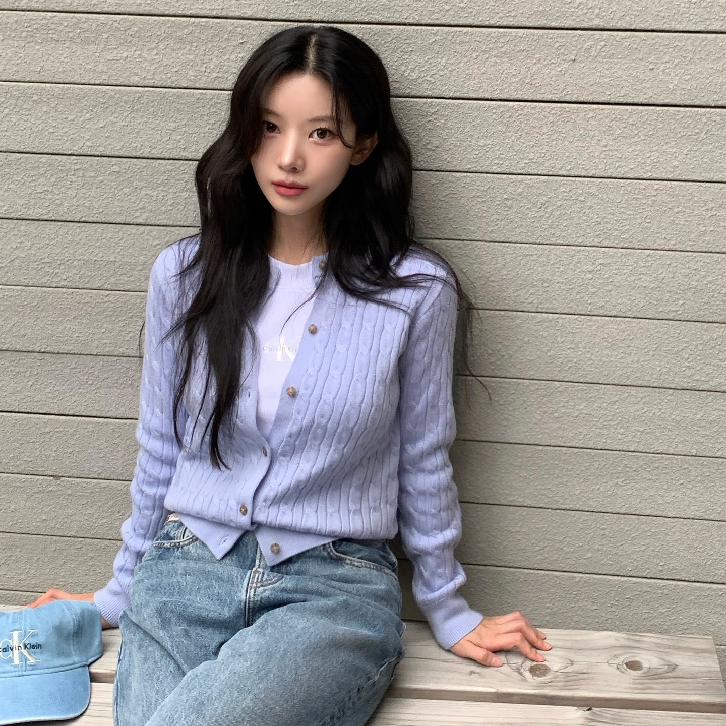 CK Jeans韩国代购25冬女羊毛混纺通勤绞花圆领修身针织衫44E307G