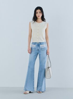 韩国代购GUESS女款中蓝蕾丝喇叭牛仔裤高腰靴型裤子YQ2D6097