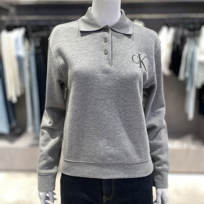 CK女士刺绣字母标棉涤翻领卫衣