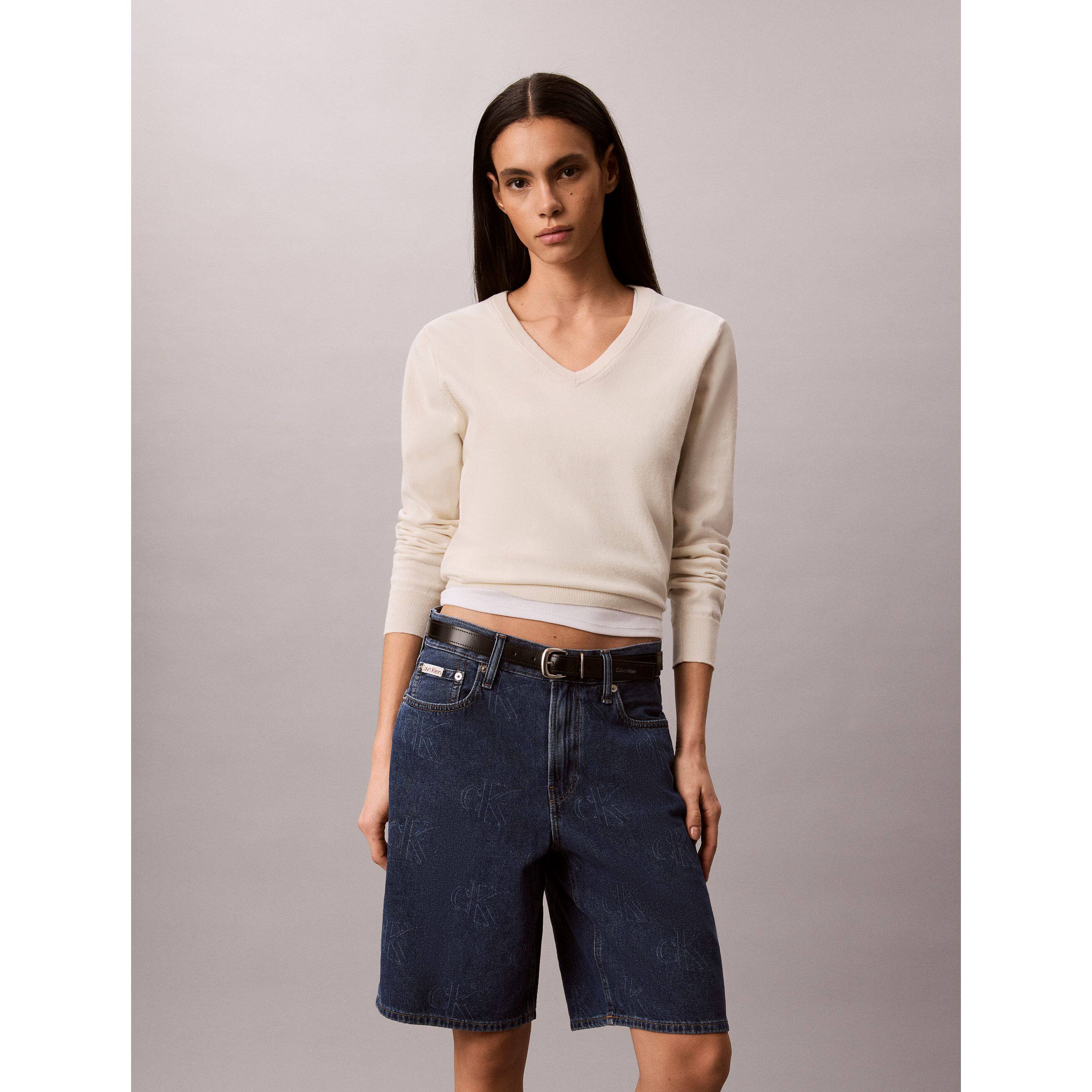 韩国代购26春夏CKJ女款满印纯棉透气宽松直筒牛仔五分短裤47G717G