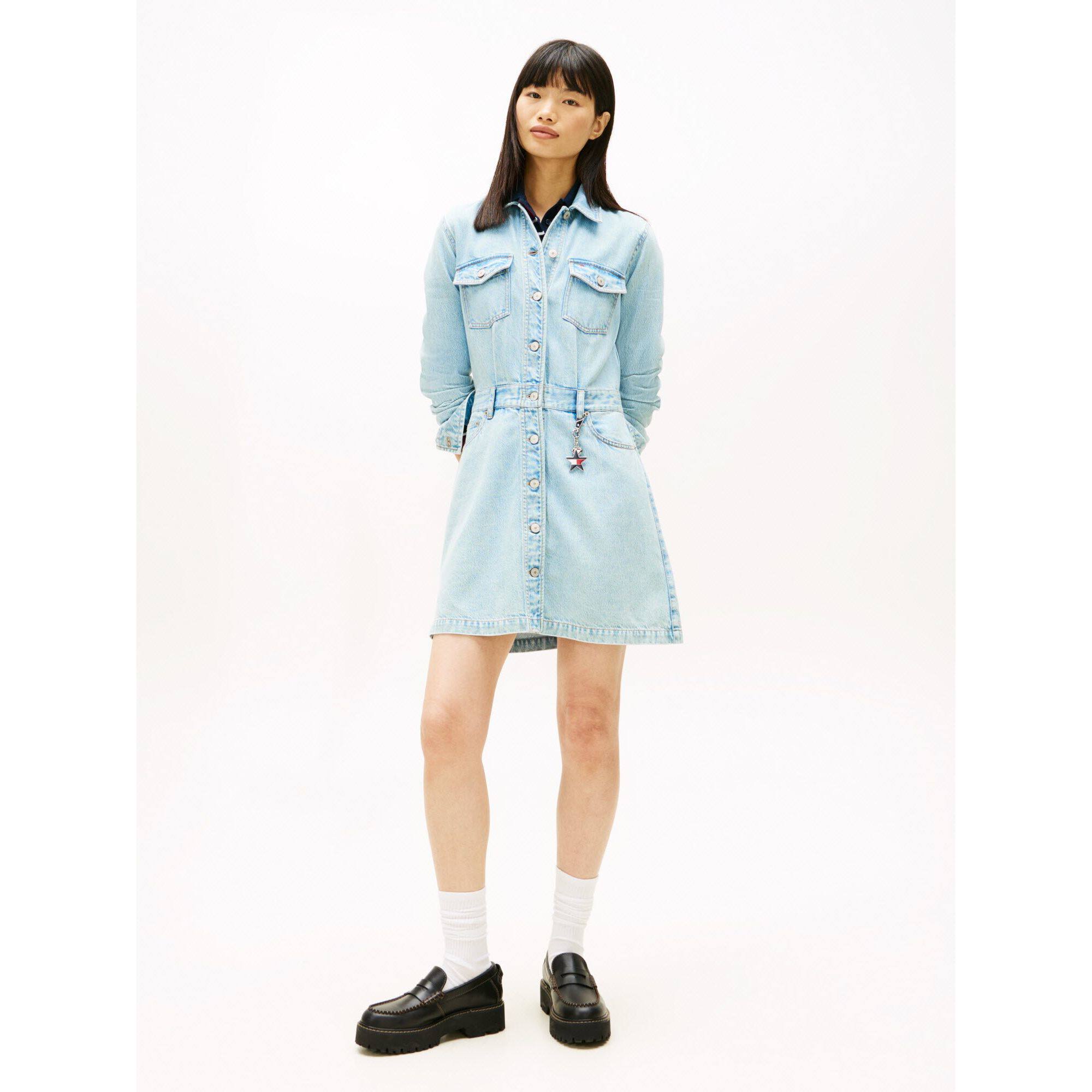 韩国直邮TOMMY女装2026牛仔连衣裙迷你工装修身翻盖口袋短裙T32G0