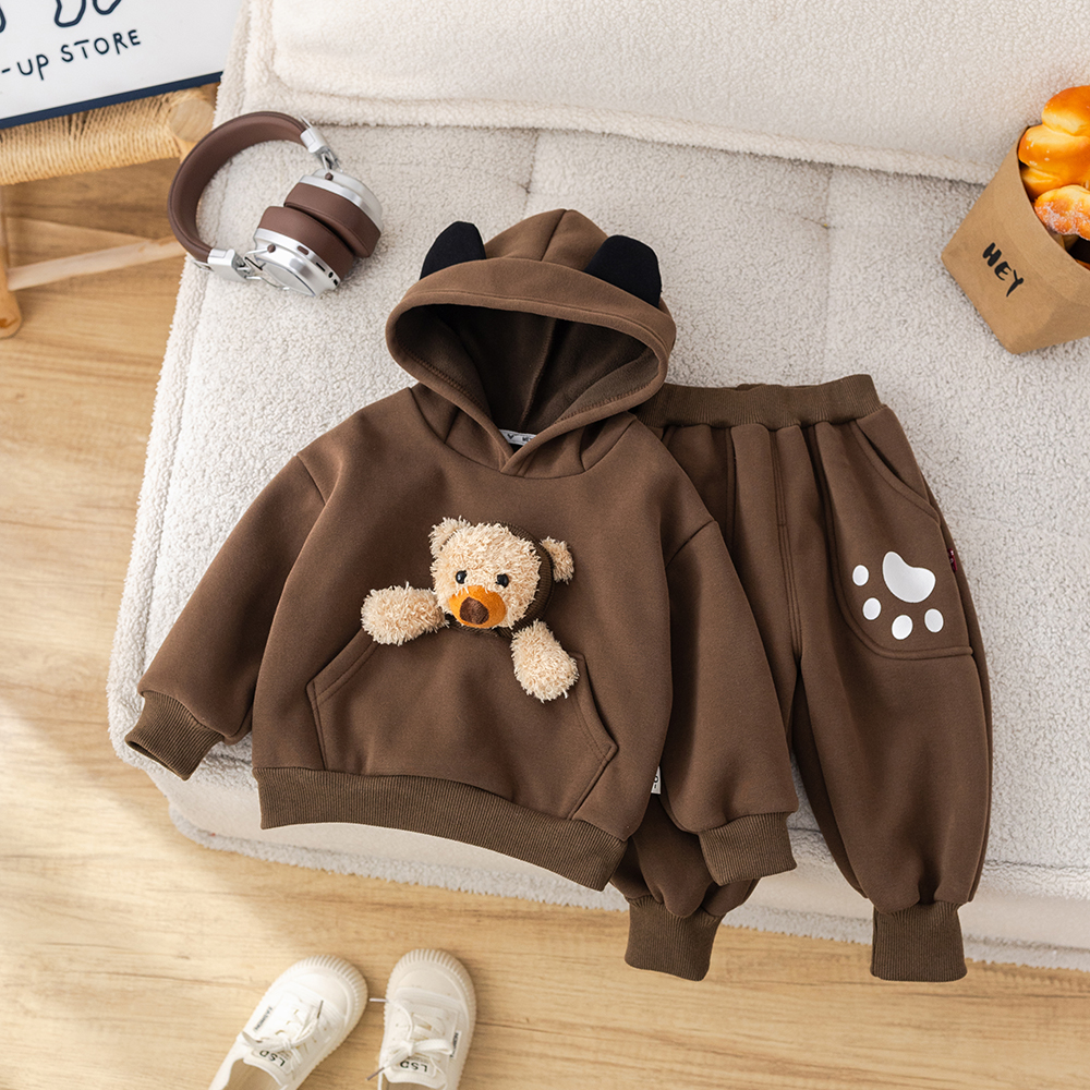 男童冬装加绒套装2025新款秋冬季洋气加厚婴儿宝宝连帽卫衣两件套