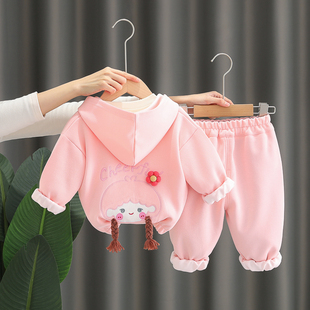 女童套装春装2025新款洋气婴儿童装宝宝春秋季连帽卫衣运动三件套