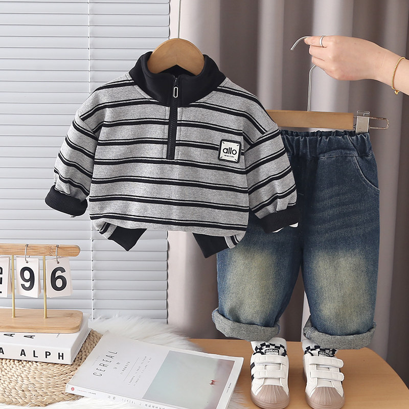 男童春装套装2026洋气宝宝春秋运动装儿童半拉链条纹卫衣两件套潮
