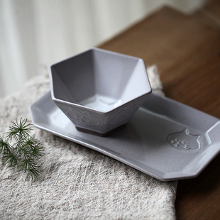 灰釉六角形陶瓷日式猫咪盘子碟子菜碟餐具和风高温釉下彩小碗复古