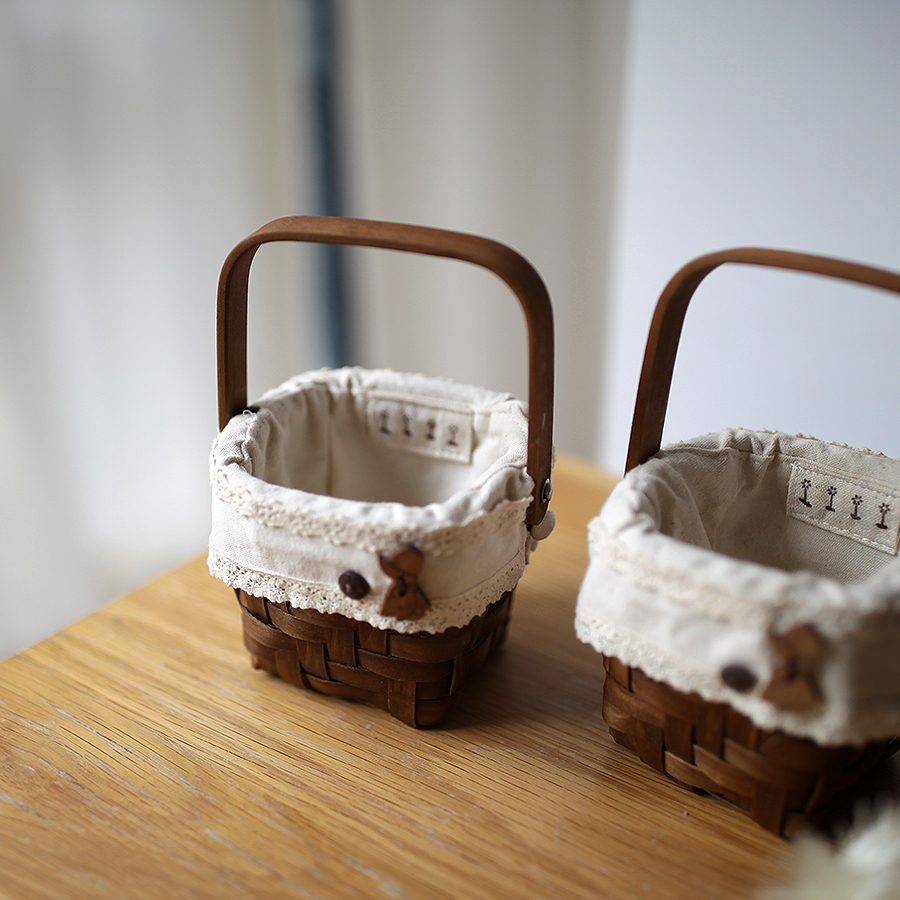 可爱迷你木片编制带内衬收纳篮子小花篮手工编织复古日式提手篮