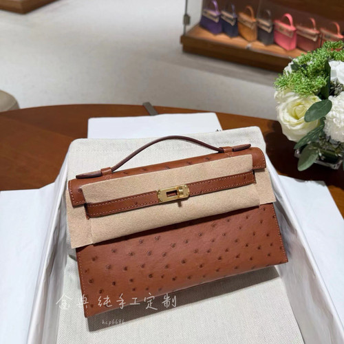 金典/纯手缝kelly一代kk一级南非驼鸟皮24K黄铜厚金手提包22cm