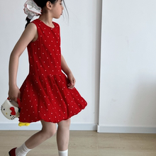 红色波点背心连衣裙女童夏季韩系甜美叠穿收腰花苞蓬蓬裙短裙大童