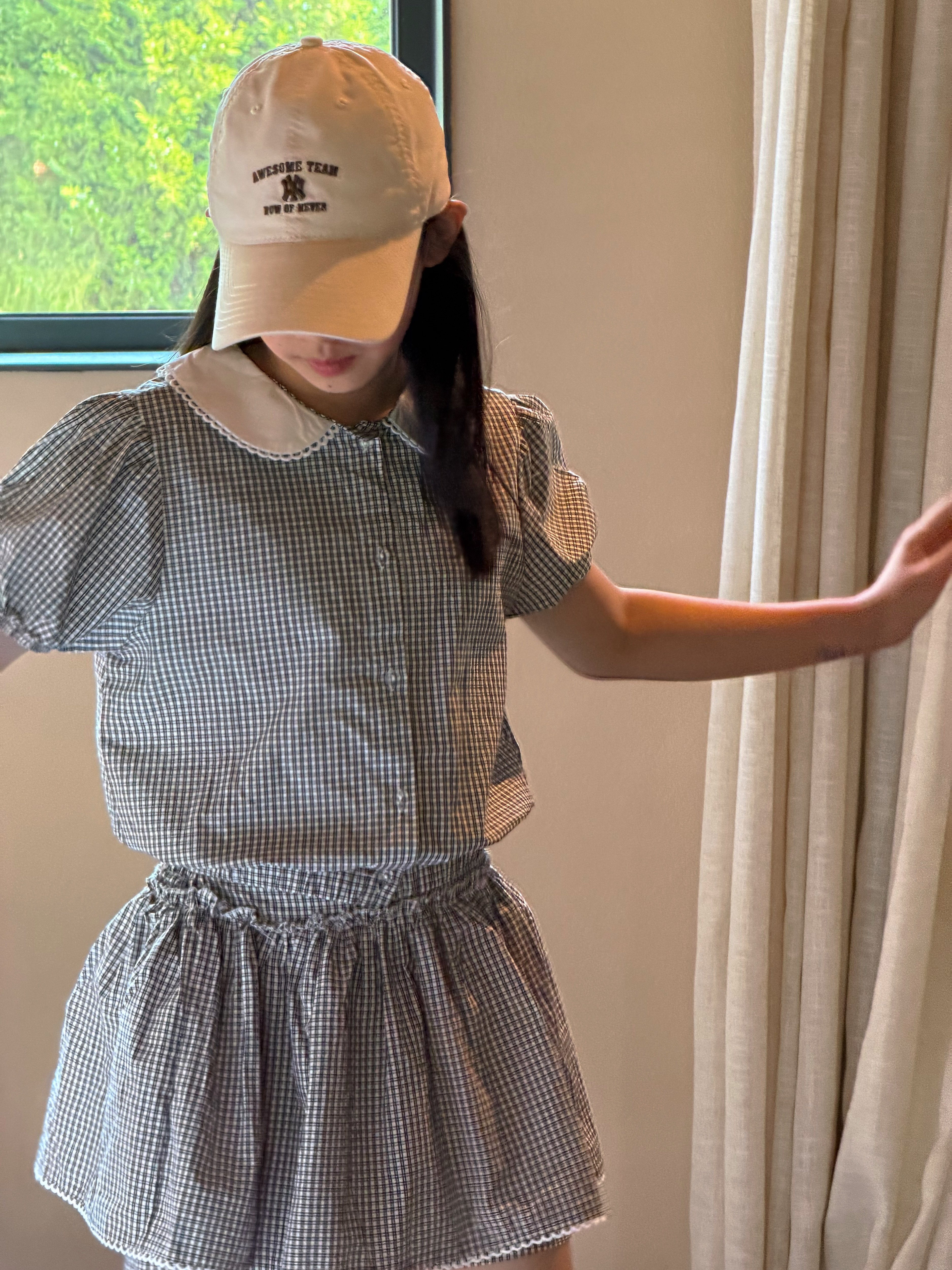 2026夏新款女童韩系格纹泡泡袖娃娃衫短裤两件套甜美时髦气质套装