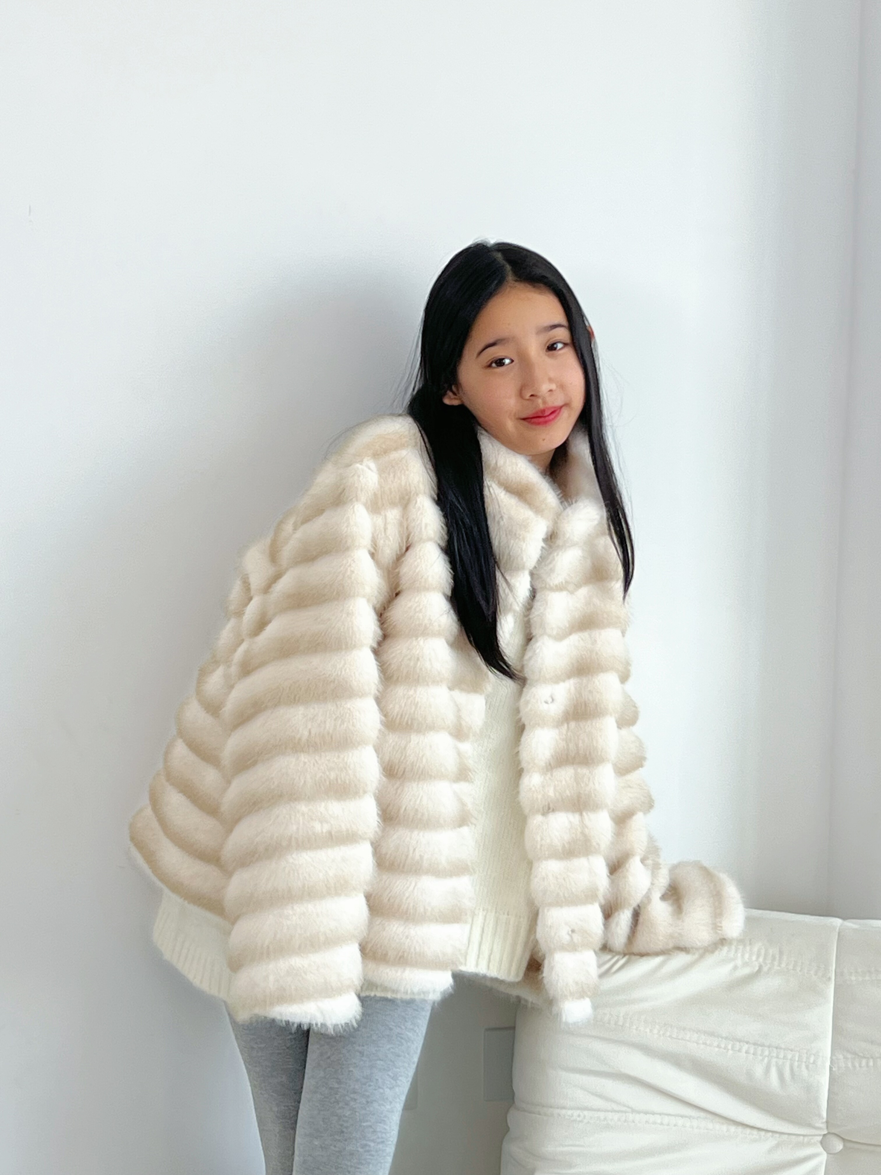 龙猫色儿童皮草外套2025新宽松韩版仿水貂双色横条女童装冬季外套