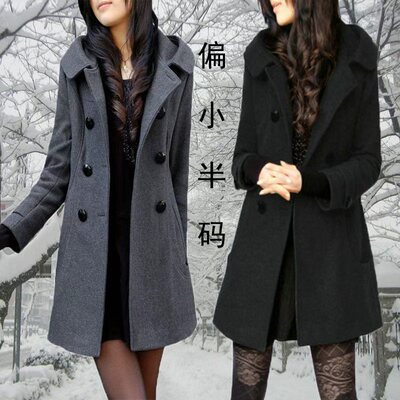 2025年秋冬款韩版大码女装保暖修身双排扣中长款连帽呢子外套大衣