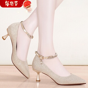 配旗袍的高跟鞋软皮鞋子百搭中跟春秋款浅口单鞋女夏细跟尖头5cm