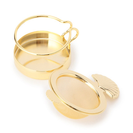 现货日本热卖餐具英式贝壳形手柄不锈钢金色茶滤滤茶器带托盘超美