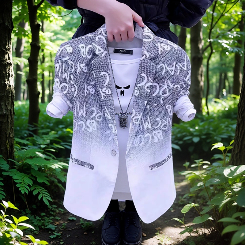 新款时尚字母渐变色小西装男潮流个性痞帅男士西服上衣春秋外套男