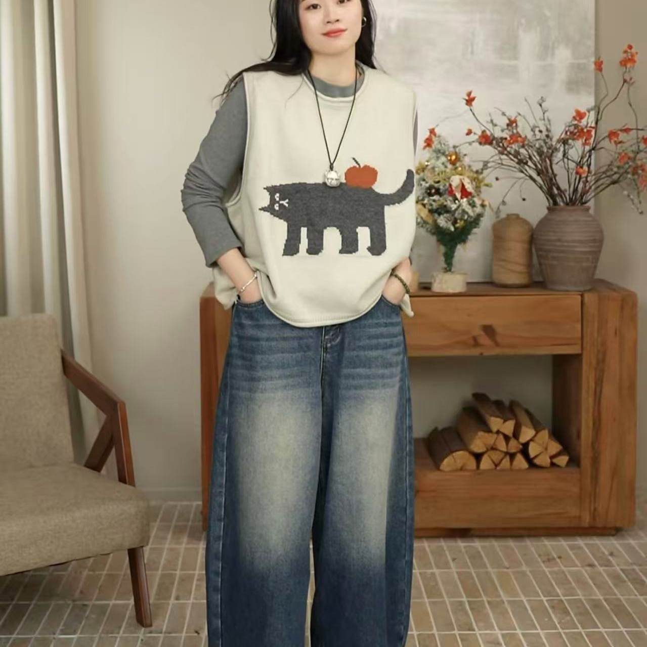 秋冬新款抓绒水洗蓝牛仔大裤脚垂感宽松九分裤女 88056,女装/女士精品,牛仔裤,淘宝优惠券,粉丝福利购,淘宝优惠卷