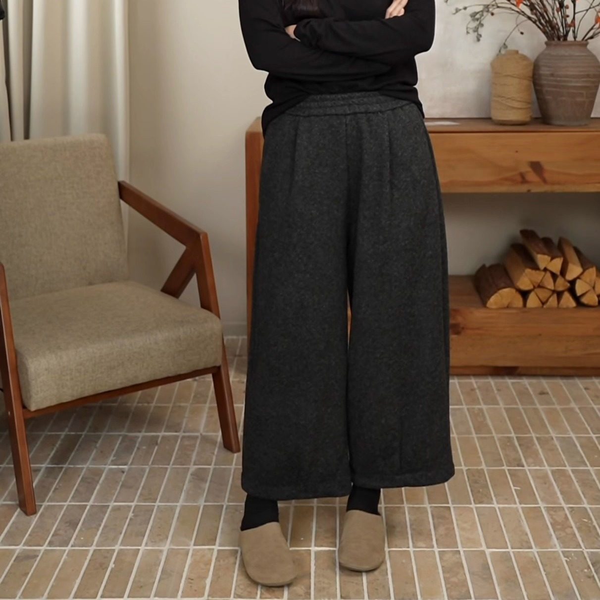 秋冬保暖呢绒休闲直筒阔腿九分裤