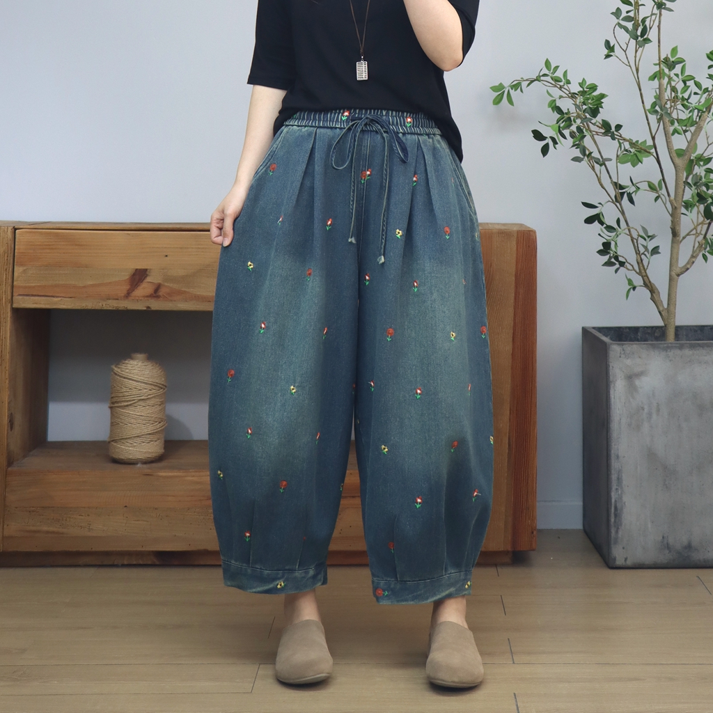 复古刺绣印花牛仔灯笼裤女2025年新款春夏宽松休闲减龄九分阔腿裤