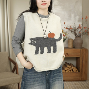 2447 宽松减龄叠穿针织马甲背心女 秋冬新款 卡通色织韩版