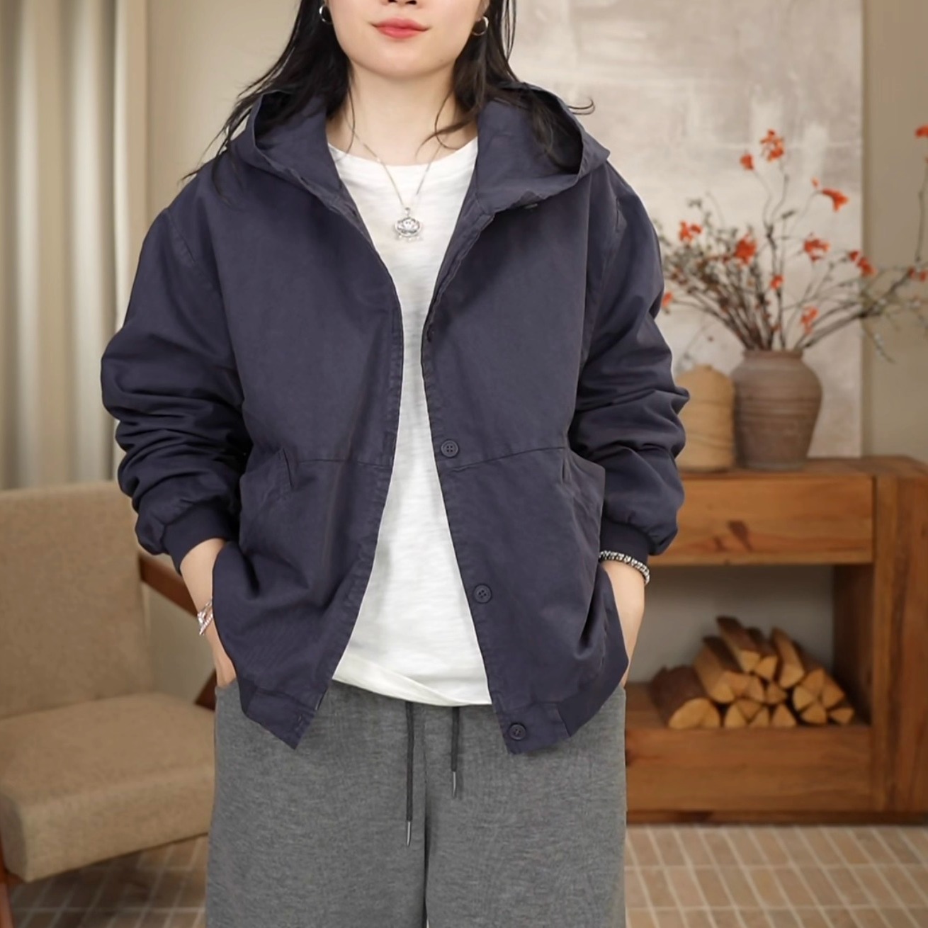 通勤立体秋季简约连帽风衣日系休闲纯色外套 33027