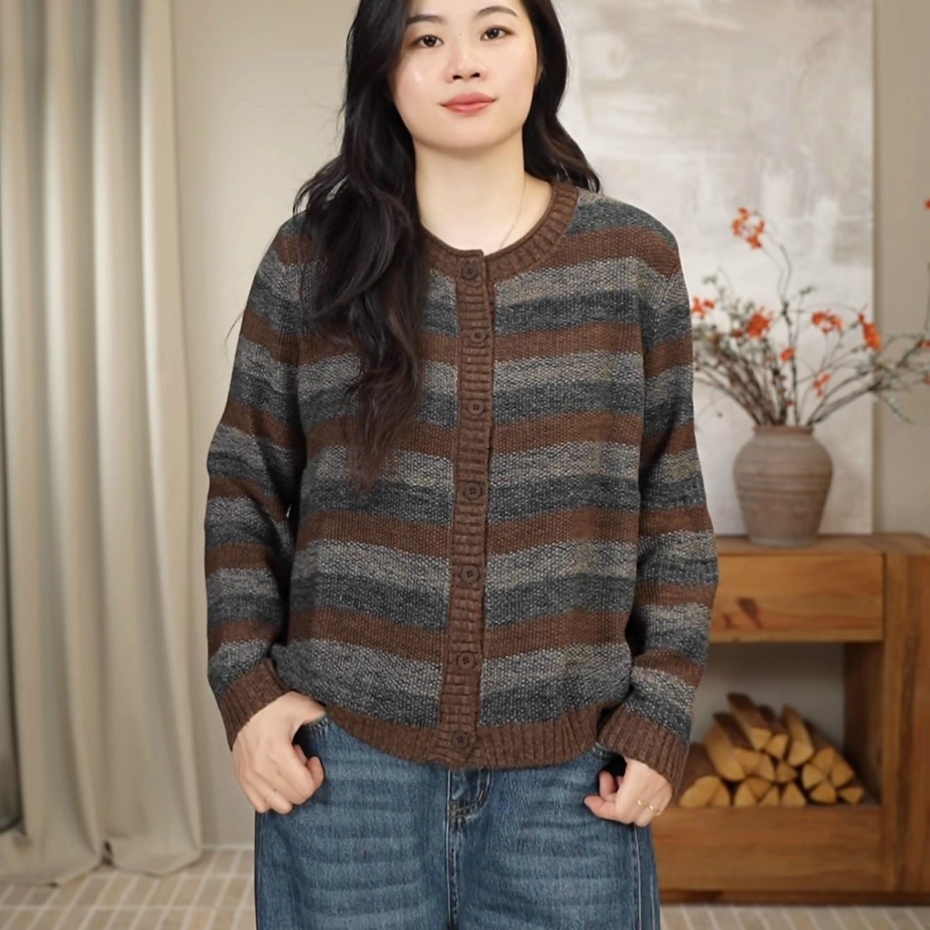 复古休闲条纹圆领排扣针织开衫女秋冬宽松休闲减龄百搭外套 2770,女装/女士精品,毛针织衫,淘宝优惠券,粉丝福利购,淘宝优惠卷