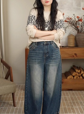 冬季新款复古港风半松紧加薄绒牛仔香蕉阔腿裤 88052