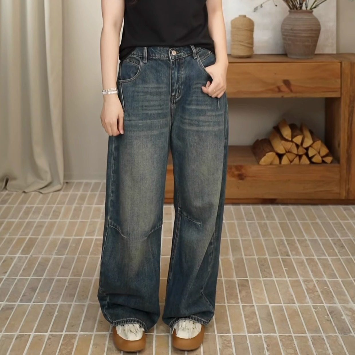 2025年新款秋冬复古时尚休闲显瘦半松紧腰弯刀牛仔阔腿长裤88035,女装/女士精品,牛仔裤,淘宝优惠券,粉丝福利购,淘宝优惠卷