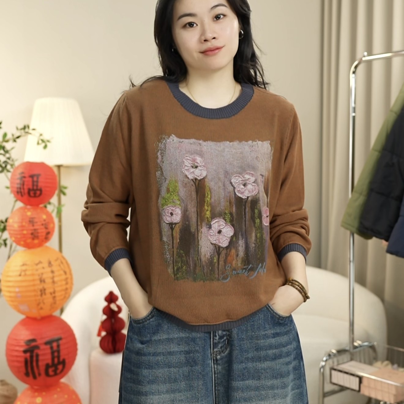 中国风长袖针织衫春季打底印花圆领针织衫2852,女装/女士精品,大码内搭,淘宝优惠券,粉丝福利购,淘宝优惠卷