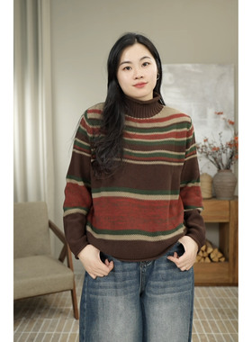 秋冬高领撞色条纹花纱条纹套头针织衫女 2787
